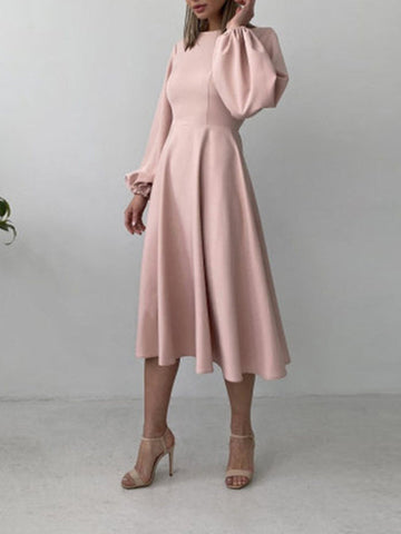 Woochic mi-longue robe trapèze à volantée décolleté dos nu  manches bouffantes manches longues élégant de fete Rose S